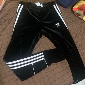 Women’s Adidas Originals Black Velour Leggings Joggers with White Stripes-Size S